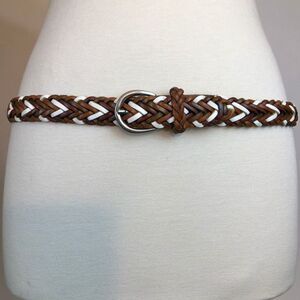Vintage 80's Belt Copper Key Braided Leather Size M/28 Tan Brown and White